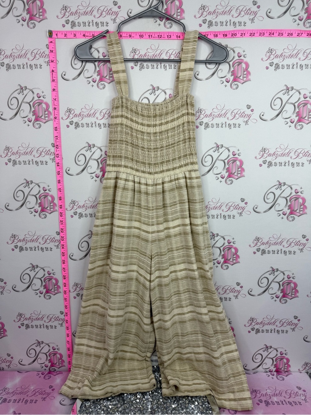 OAK + FORT Beige and Cream Striped Smocked Wide-Leg Jumpsuit